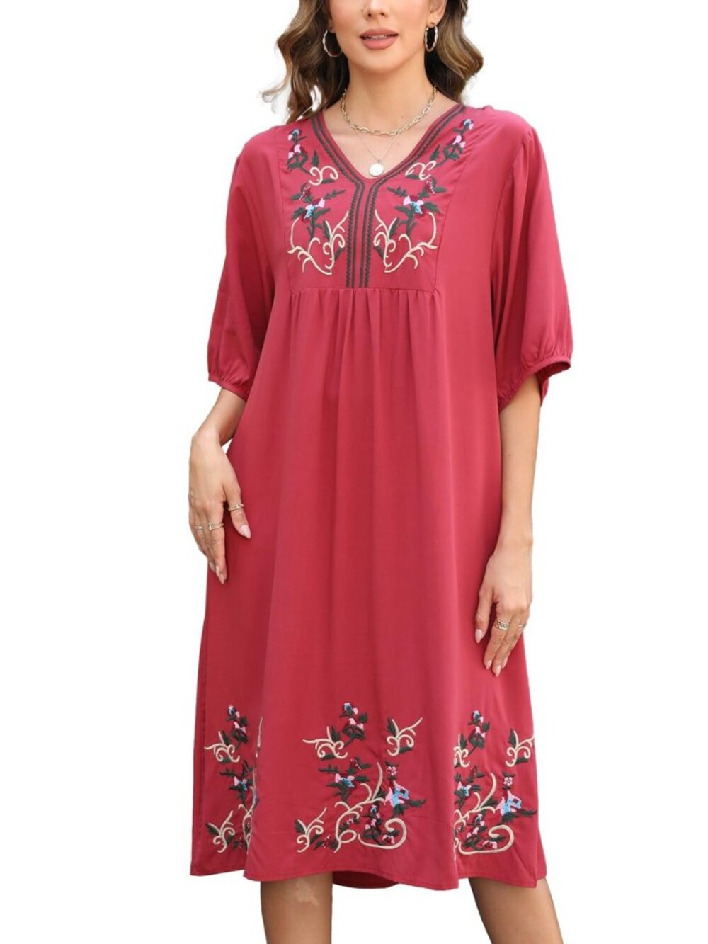 Women's Mexican Embroidered Midi Dress Summer Boho Traditional Floral V Neck
